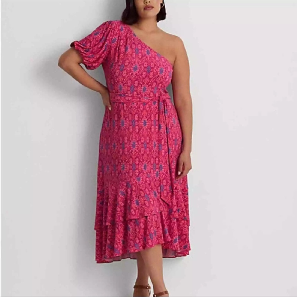 Lauren Ralph‎ Lauren One Shoulder Dress 20W Pink Fuchsia Geo Ruffle Wedding Gues